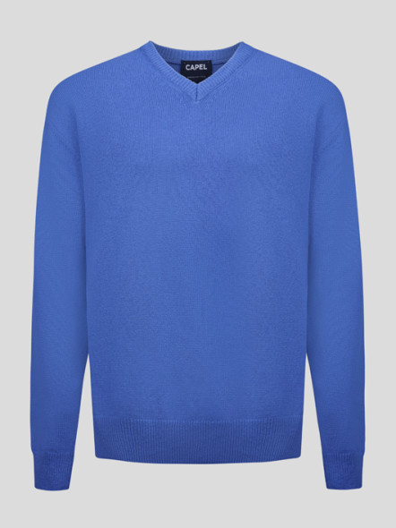 Pull Lambswool Como Col V Bleu Capel Grande Taille