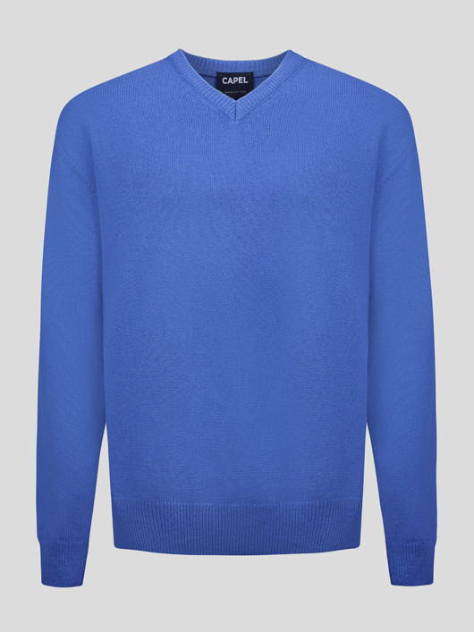Pull Lambswool Como Col V Bleu Capel Grande Taille