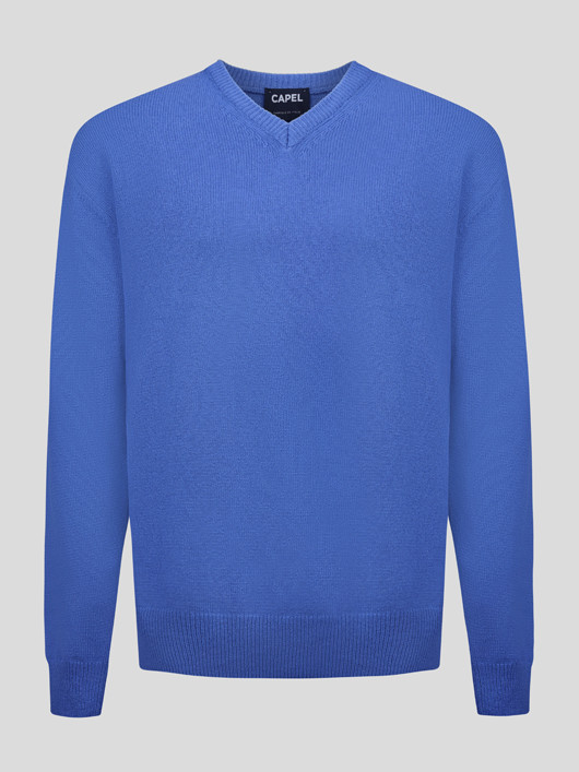 Pull Lambswool Como Col V Bleu Capel Grande Taille  homme grande taille - Capelstore
