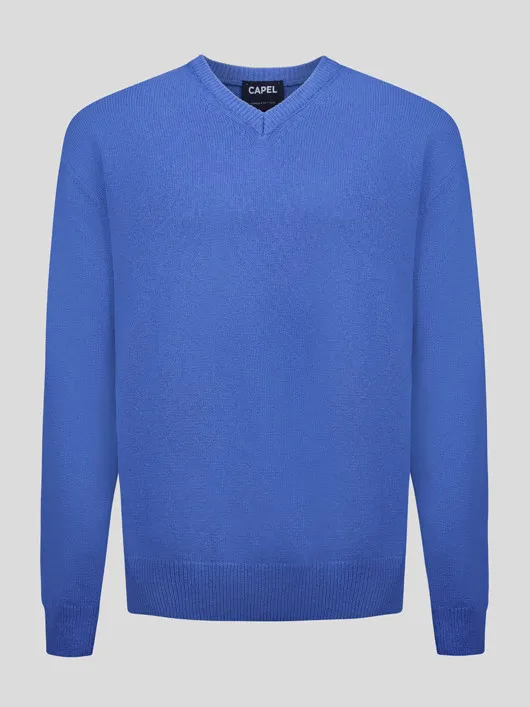 Pull Lambswool Como Col V Bleu Capel Grande Taille  homme grande taille - Capelstore