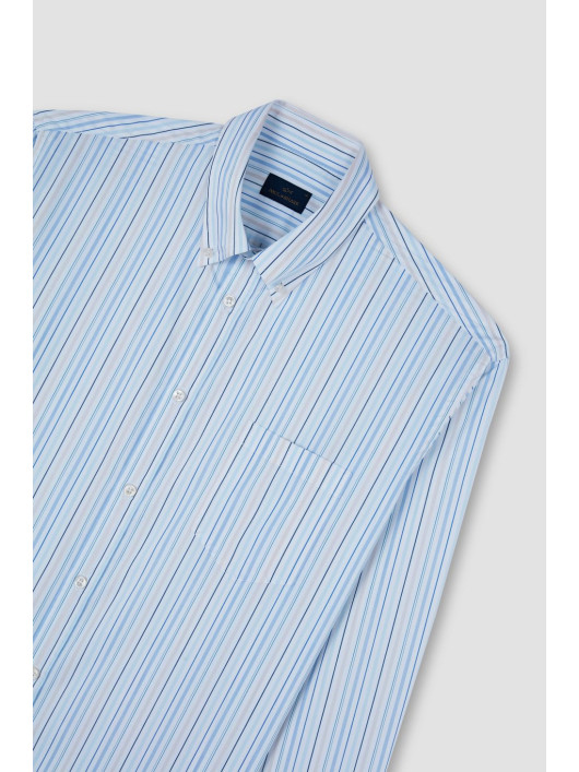 Chemise Homme Chaps 100% Coton - Bleu Cyan à Carreaux Et Rayures, Taille L, Manches Longues - Neuf Avec étiquettes