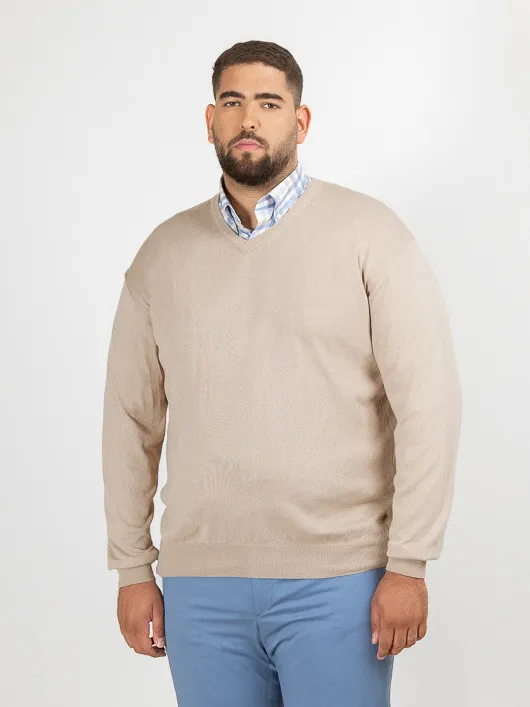 Pull Coton Beige Col V Como Capel Grande Taille beige homme grande taille - Capelstore
