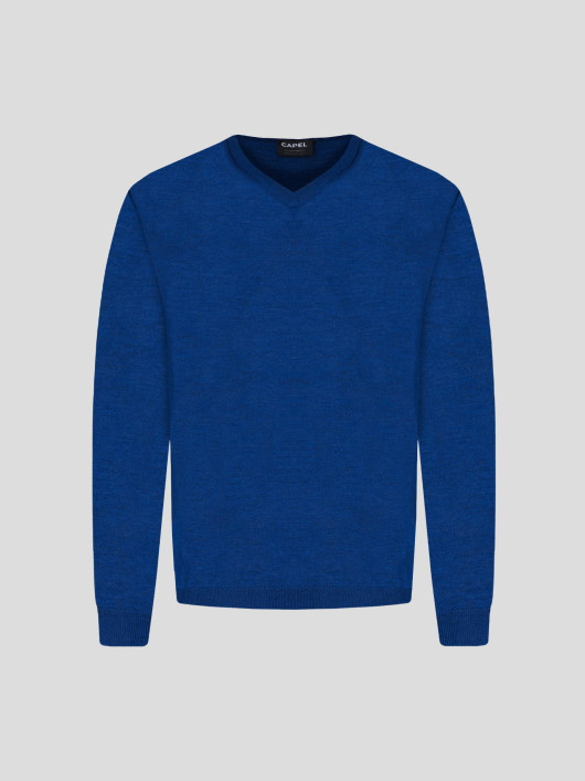 Pull Col V Laine Mérinos Bleu Grande Taille
