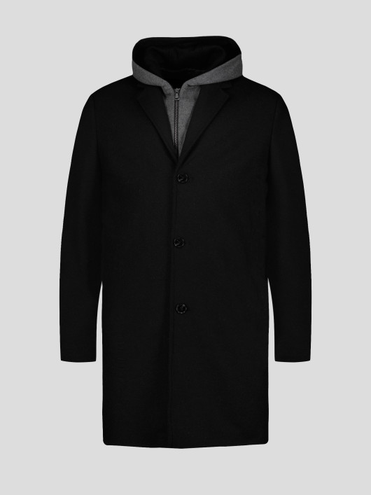 Manteau Maille Lainage Parementure et Capuche Amovible Noir Capel