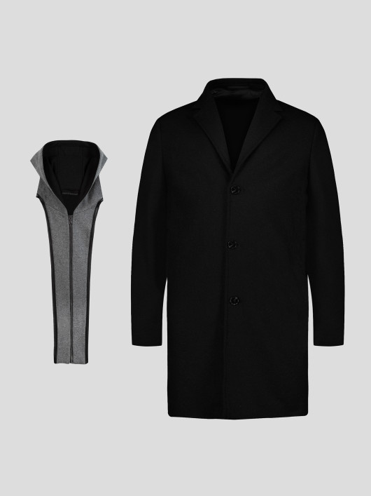 Manteau Maille Lainage Parementure et Capuche Amovible Noir Capel