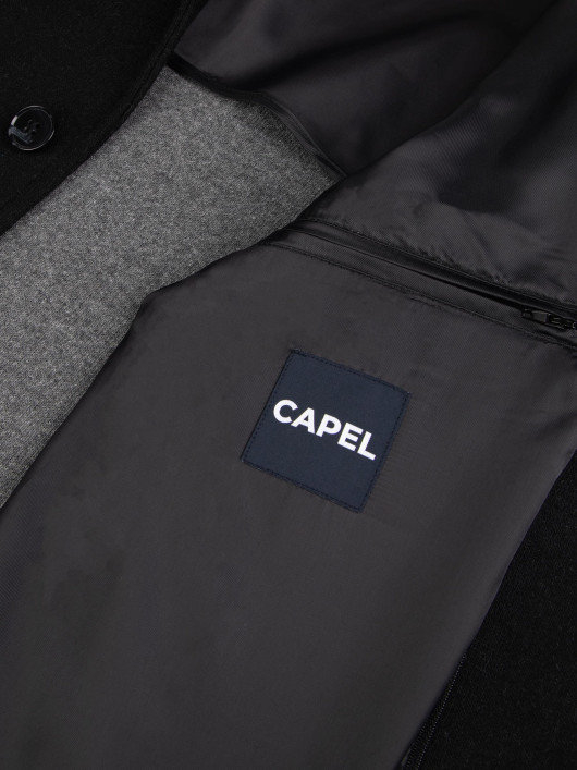 Manteau Maille Lainage Parementure et Capuche Amovible Noir Capel