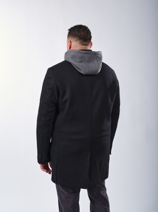 Manteau Maille Lainage Parementure et Capuche Amovible Noir Capel