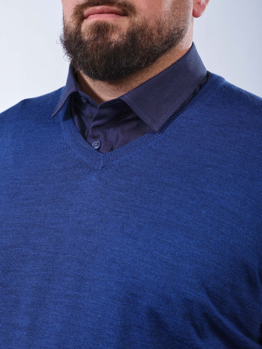 Pull Col V Laine Mérinos Bleu Grande Taille