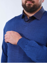 Pull Col V Laine Mérinos Bleu Grande Taille