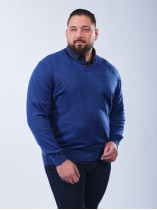 Pull Col V Laine Mérinos Bleu Grande Taille