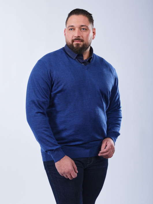 Pull Col V Laine Mérinos Bleu Grande Taille
