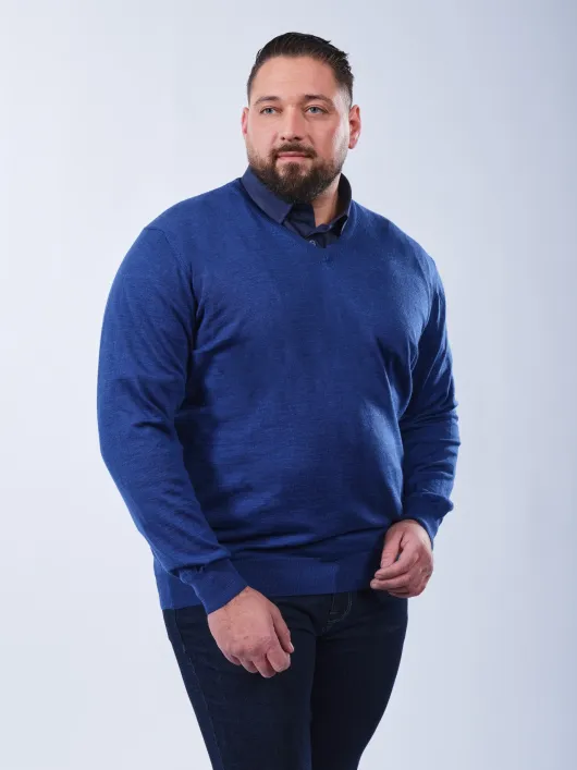 Pull Col V Laine Mérinos Bleu Grande Taille | Capelstore