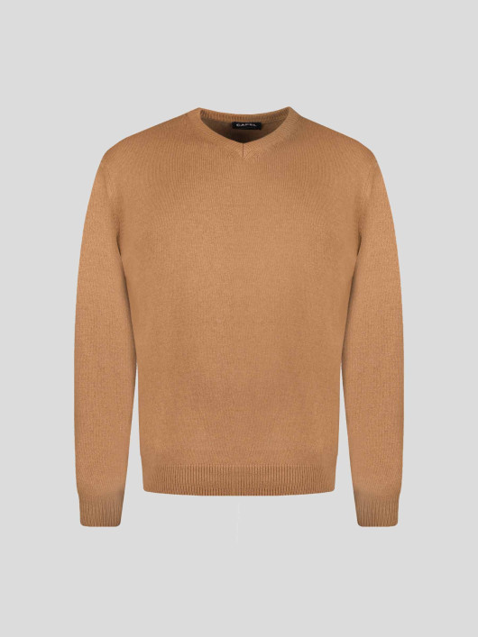 Pull Col V Laine et Cachemire Grande Taille Camel