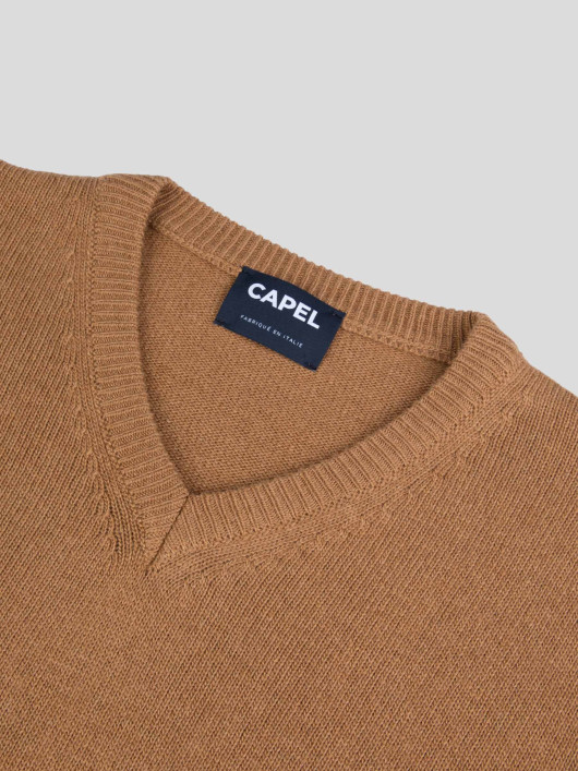 Pull Col V Laine et Cachemire Grande Taille Camel