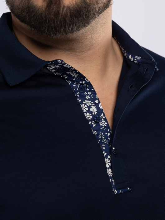Polo Jersey détails tissu Fleuri Grande Taille Marine