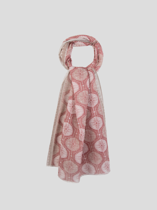 Chèche motifs palmes coton/lin rouge, beige et blanc