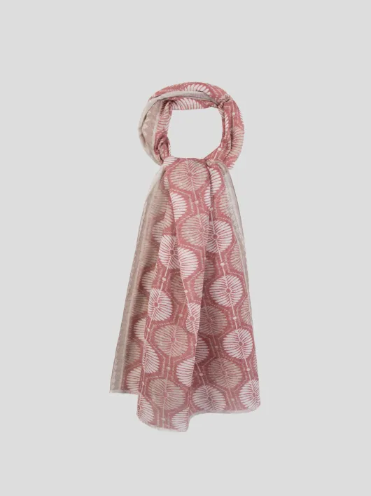 Chèche motifs palmes coton/lin rouge, beige et blanc