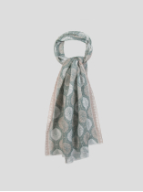 Chèche motifs palmes coton/lin vert, beige et blanc