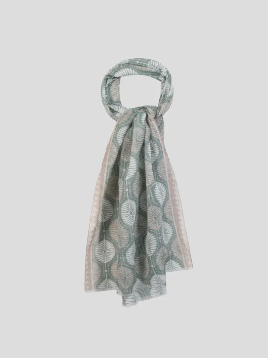 Chèche motifs palmes coton/lin vert, beige et blanc