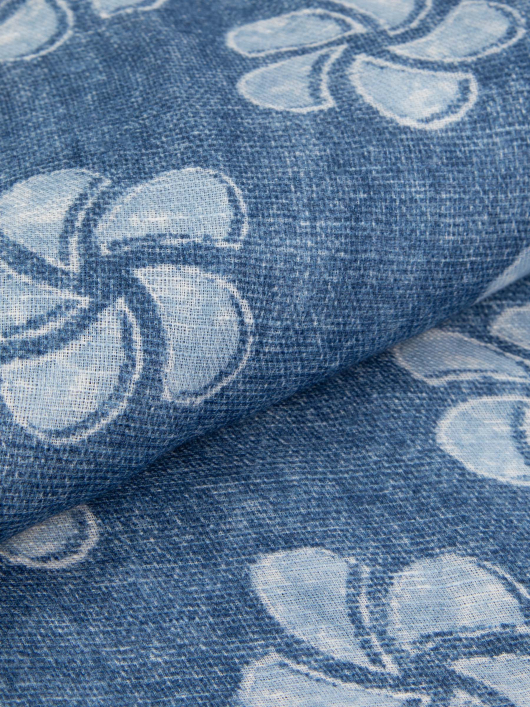 Chèche fleuri coton/lin bleu et blanc