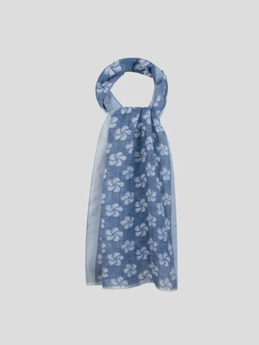 Chèche fleuri coton/lin bleu et blanc