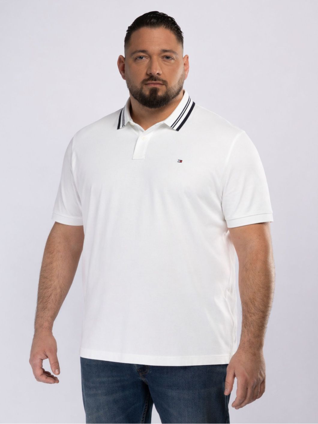 Polo Mercerisé Liserés au Col Grande Taille Blanc