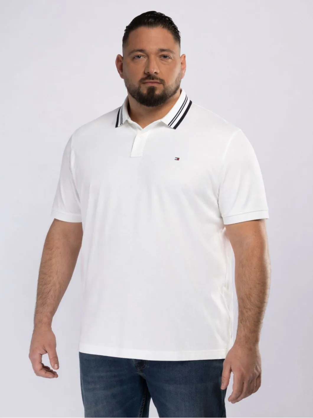 Polo Mercerisé Liserés au Col Grande Taille Blanc