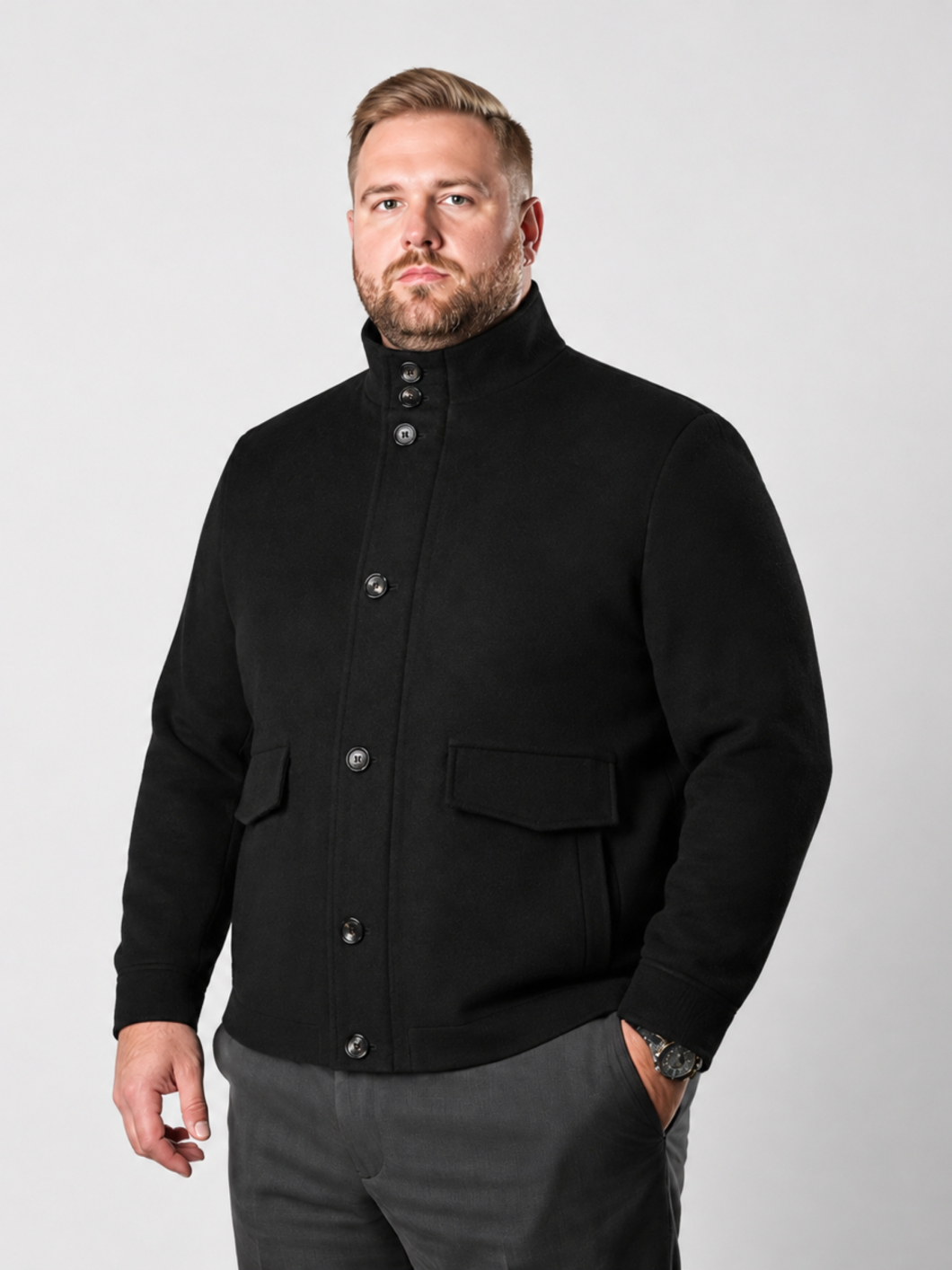 Blouson Doublé en Laine Mélangée Grande Taille Noir