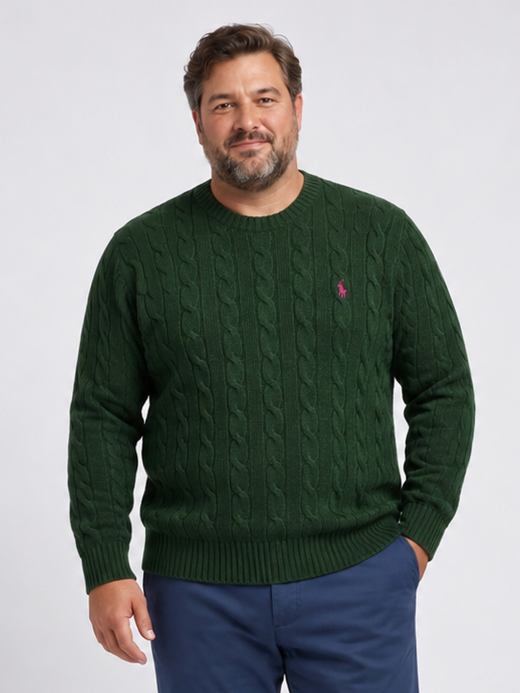 Pull Torsadé Col Rond Grande Taille Vert Foncé