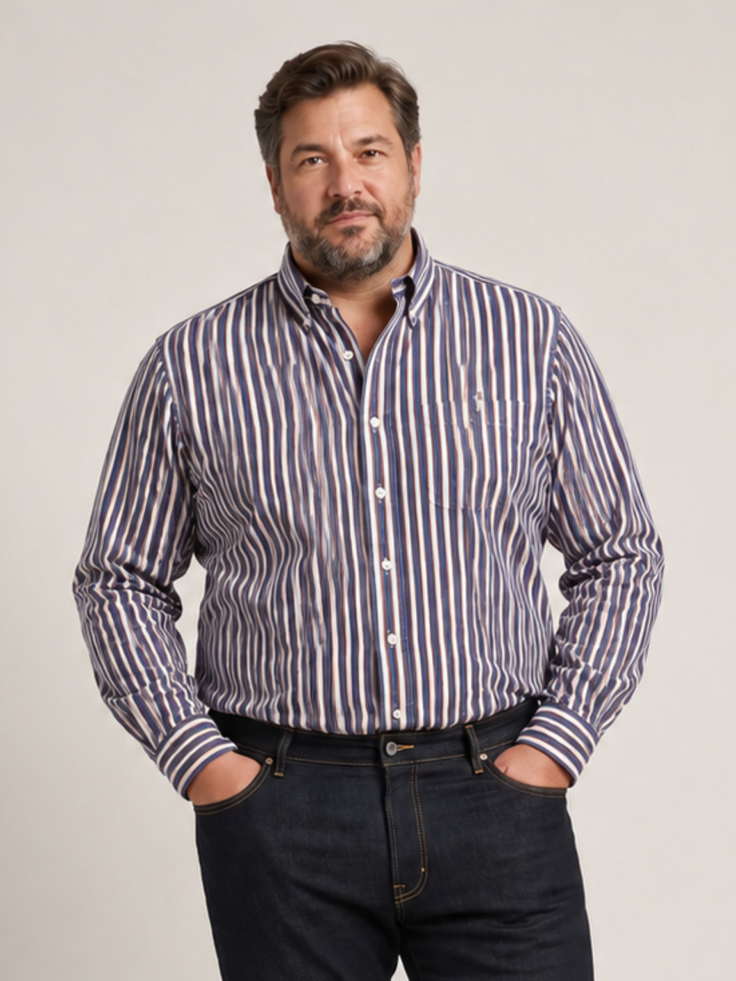 Chemise Rayée Ralph Grande Taille Bleue, Marron et Blanche