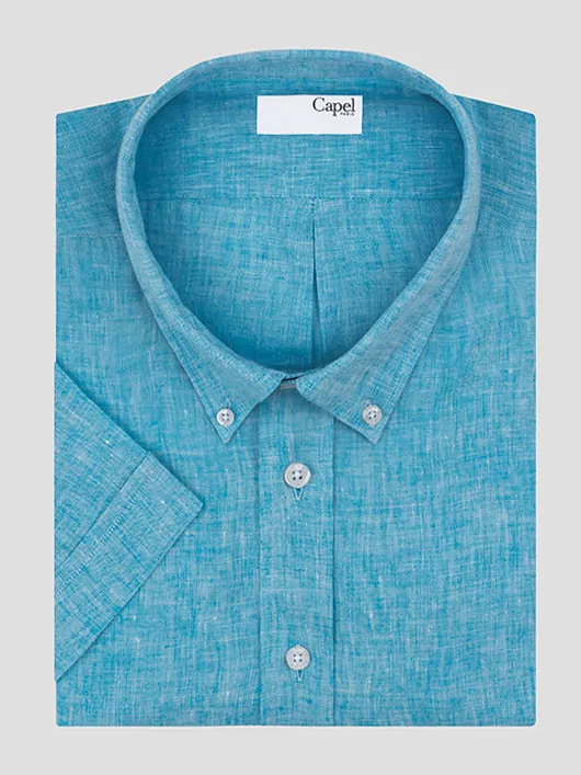 chemise homme a manches courtes en lin et coton bleu chemise