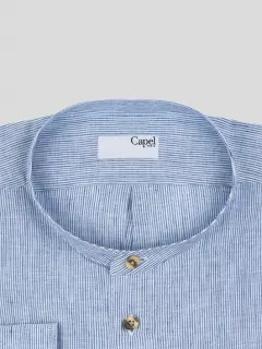 Chemise à rayures col mao coton lin bleu ciel homme grande taille | Capel
