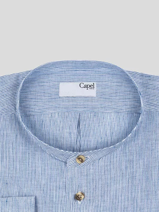 Chemise à rayures col mao coton lin bleu ciel homme grande taille | Capel