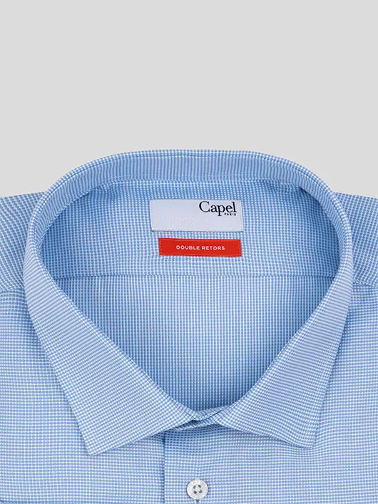 Chemise coton double retors micro motifs carreaux bleu ciel homme grande taille | Capel